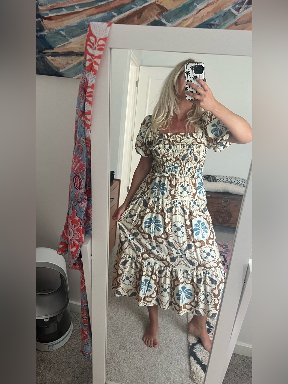 Smocked Midi Dress with Blue and Brown Tile Floral Print